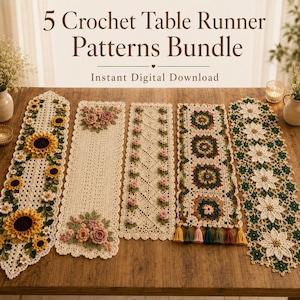 May include: A digital download bundle featuring 5 crochet table runner patterns. The designs include sunflowers, pink roses, small floral motifs, colorful granny squares with tassels, and white poinsettia-style flowers on cream-colored lace.
