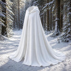 以下が含まれることがあります： 白いフード付きマント、流れるようなデザイン。 マントは首元にボタン留め、長くエレガントなトレーンが特徴です。 画像は雪の森の中にあり、冬の風景の中でマントが際立っています。