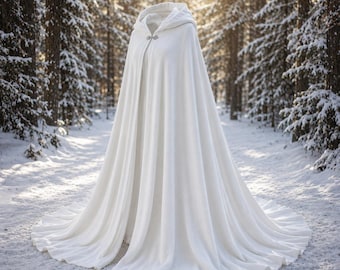 White Fantasy Cloak, Winter Wedding Cape, Medieval Hooded Cape, Renaissance Faire Outfit, Elven