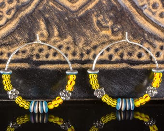 Sterling Silver Beaded Hoops, Yellow Beaded Hoops, Ethnic Earrings, Big Silver Beaded Hoops, Yellow Earrings