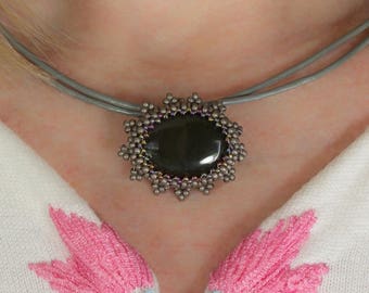 Choker Necklace, Black Necklace, Gemstone Choker, Leather Choker, Short Necklace, Gift for Her, Leather Necklace, Beaded Jewelry