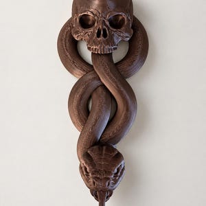May include: A dark brown, three-dimensional wall sculpture featuring a human skull positioned above a coiled snake. The snake's body loops around the skull, with its head extending downward at the base, displaying visible scales and a forked tongue.