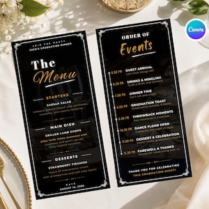 Può includere: Due menu neri e dorati per la cena di laurea. Il menu a sinistra elenca antipasti, piatti principali e dessert. Il menu a destra dettaglia l'ordine dell'evento, compresi l'arrivo degli ospiti, la cena e il ballo.