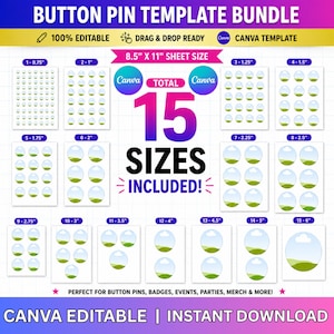 15x Button Pin Template Bundle | Editable Canva Button Templates | Frames Badge Pin Design Templates