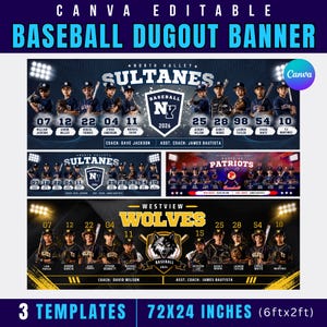Può includere: Tre modelli digitali di striscioni per dugout da baseball che misurano 183x61 cm. I design presentano nomi di squadre come North Valley Sultanes e Westview Wolves, foto dei giocatori con numeri di maglia, nomi e informazioni sugli allenatori.