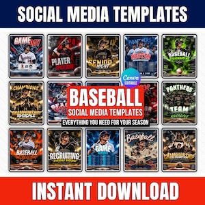 Puede incluir: Una colección de quince plantillas digitales de béisbol para redes sociales con gráficos deportivos dinámicos, imágenes de jugadores y superposiciones de texto como Game Day, Player Spotlight, Senior Night, Roster y Tournament.