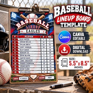 Könnte beinhalten: Eine Baseball-Aufstellungsvorlage auf einem Klemmbrett mit den Maßen 13,97 cm mal 21,59 cm. Das Design zeigt einen Baseball, gekreuzte Schläger und eine Tabelle mit Spielernamen, Nummern und Positionen für das Eagles-Team sowie das Jahr 2027.