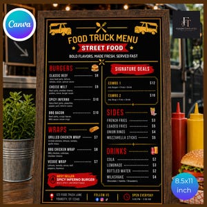 Può includere: Un menu di food truck incorniciato, con sfondo nero e testo dorato. Il menu elenca hamburger, wrap, contorni e bevande. Il menu misura 21,59 x 27,94 cm e presenta il testo "Food Truck Menu" e "Street Food".