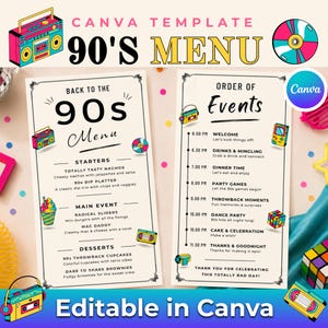 Peut inclure: Un modèle de menu sur le thème des années 90 avec un design rétro. Le menu propose des entrées, des plats principaux et des desserts, avec un ordre des événements correspondant. Le design comprend des illustrations colorées d'un boombox, d'un CD et d'autres graphiques des années 90.