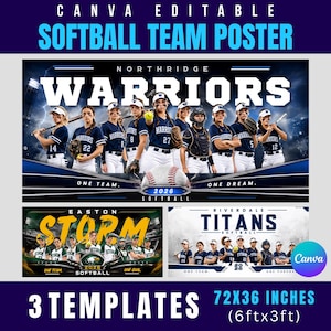 May include: A Canva editable softball team poster template set featuring three distinct designs. The main graphic displays the Northridge Warriors with players in navy uniforms, text reading 2026 SOFTBALL, and dimensions of 72x36 inches.