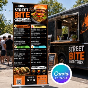 Könnte beinhalten: Werbebanner für einen Foodtruck "Street Bite Food Truck" mit Speisekarte für Burger, Pommes, Tacos und Getränke. Der Banner enthält einen QR-Code für Online-Bestellungen und Social-Media-Informationen. Das Design ist orange und schwarz.