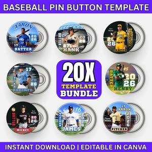 May include: A digital template bundle for baseball pin buttons featuring 20 customizable designs. Each circular graphic displays a baseball player, team name, player name, and the year 2026. The layout includes text labels like "BASEBALL PIN BUTTON TEMPLATE" and "20X TEMPLATE BUNDLE" with editable fields for names and numbers.
