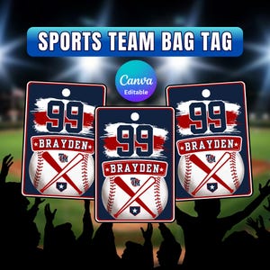 May include: Three rectangular sports team bag tags with rounded corners, featuring a dark blue background, the number 99, the name BRAYDEN, and a baseball graphic with crossed bats. The text SPORTS TEAM BAG TAG and Canva Editable appear.