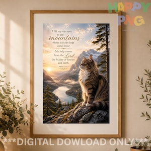 Norwegian Forest Cat Christian Wall Art, Psalm 121 Printable, Mountain Bible Verse Art, Cat Lover Gift, Christian Cat Decor, Scripture