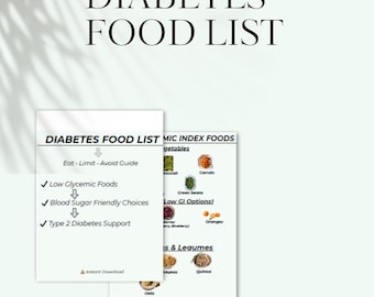 Diabetes Food List Printable  Type 2 Diabetic Food Chart  Low Glycemic Index  Low Carb Grocery List  Eat, Limit & Avoid Guide