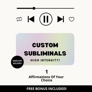 Op de afbeelding: Digitale afbeelding met een muziekspeler interface bovenaan. Daaronder staat een rechthoek met de tekst "CUSTOM SUBLIMINALS" en "HIGH INTENSITY!". De tekst "1 Affirmations Of Your Choice" is ook aanwezig, samen met een "SAME DAY DELIVERY" badge.