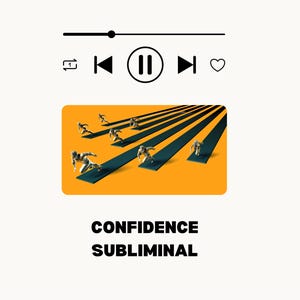 May include: An image with a music player interface at the top. Below, an orange rectangle features figures running on dark blue tracks, with long shadows. The text "CONFIDENCE SUBMINAL" is displayed below the rectangle.