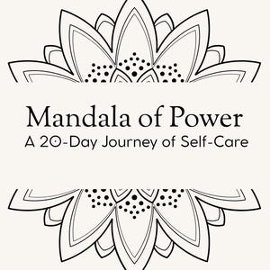Può includere: Un design mandala in bianco e nero con il testo "Mandala of Power" e "A 20-Day Journey of Self-Care". Il design presenta elementi floreali ed è ambientato su uno sfondo color crema. Il nome dell'autore, "LogicLife | Betty", è in basso.