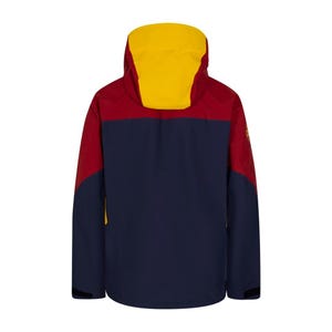 May include: A multi-colored jacket with a hood. The jacket features a color block design with a yellow hood, a red upper section, and a navy blue lower section. The jacket has a zipper closure and adjustable cuffs.