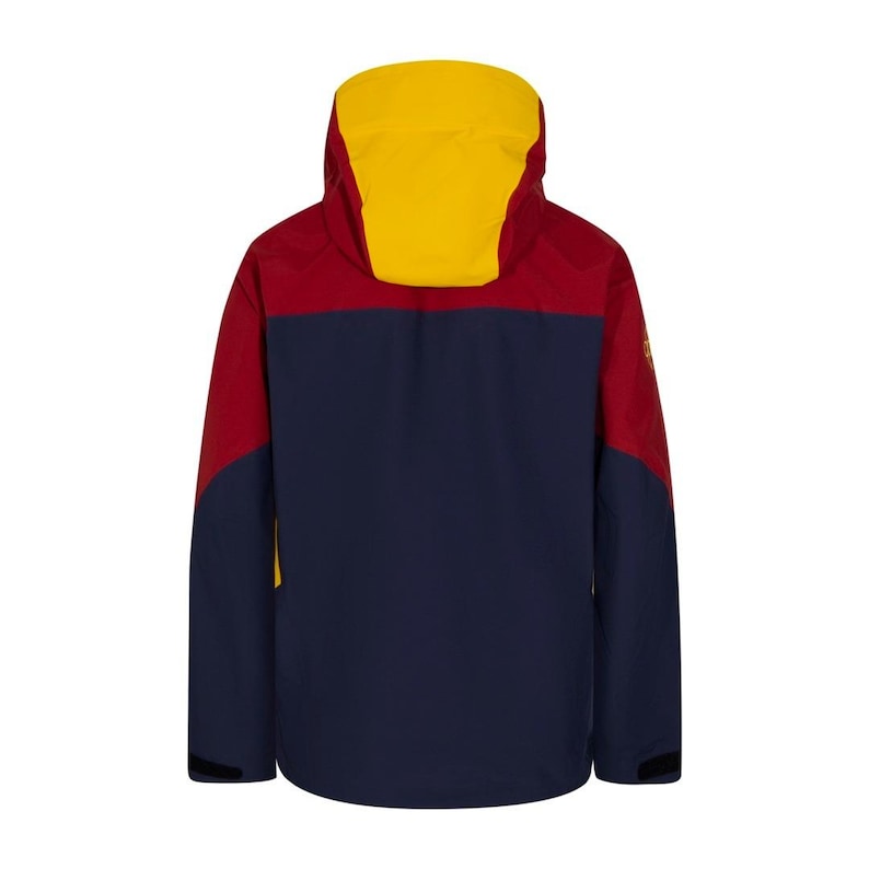 May include: A multi-colored jacket with a hood. The jacket features a color block design with a yellow hood, a red upper section, and a navy blue lower section. The jacket has a zipper closure and adjustable cuffs.