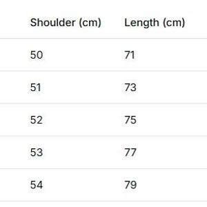 May include: A white chart detailing clothing sizes, including chest, shoulder, and length measurements in centimeters. It also lists height in centimeters and weight in kilograms, with sizes ranging from S to XXL.