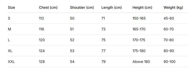 May include: A white chart detailing clothing sizes, including chest, shoulder, and length measurements in centimeters. It also lists height in centimeters and weight in kilograms, with sizes ranging from S to XXL.