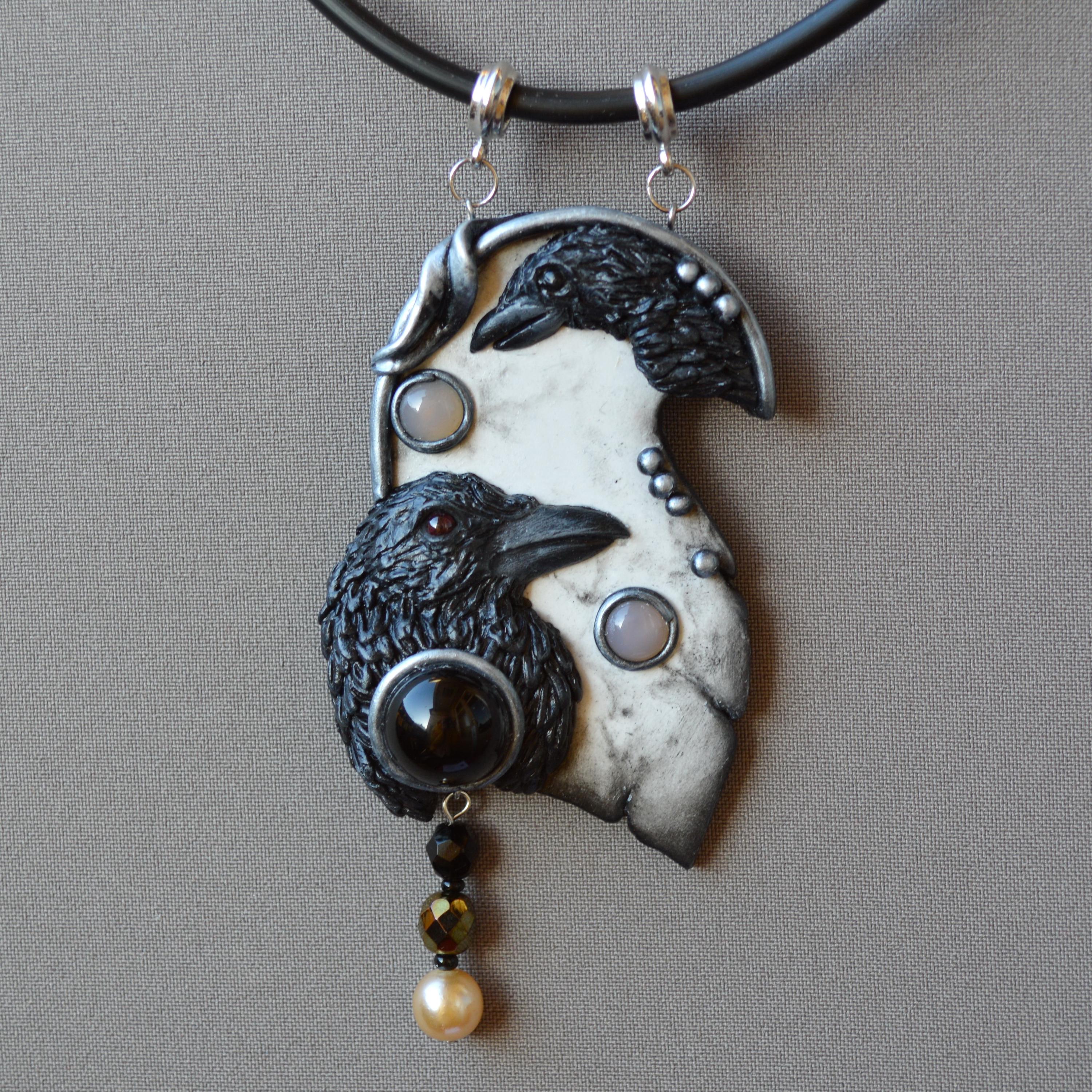 Twin Raven Necklace, Sculptural Bird Pendant, Dark Nature Jewelry ...