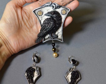 Gothic Raven Jewelry Set, Sculptural Raven Necklace and Earrings, Dark Crow Pendant, Polymer Clay Statement Jewelry