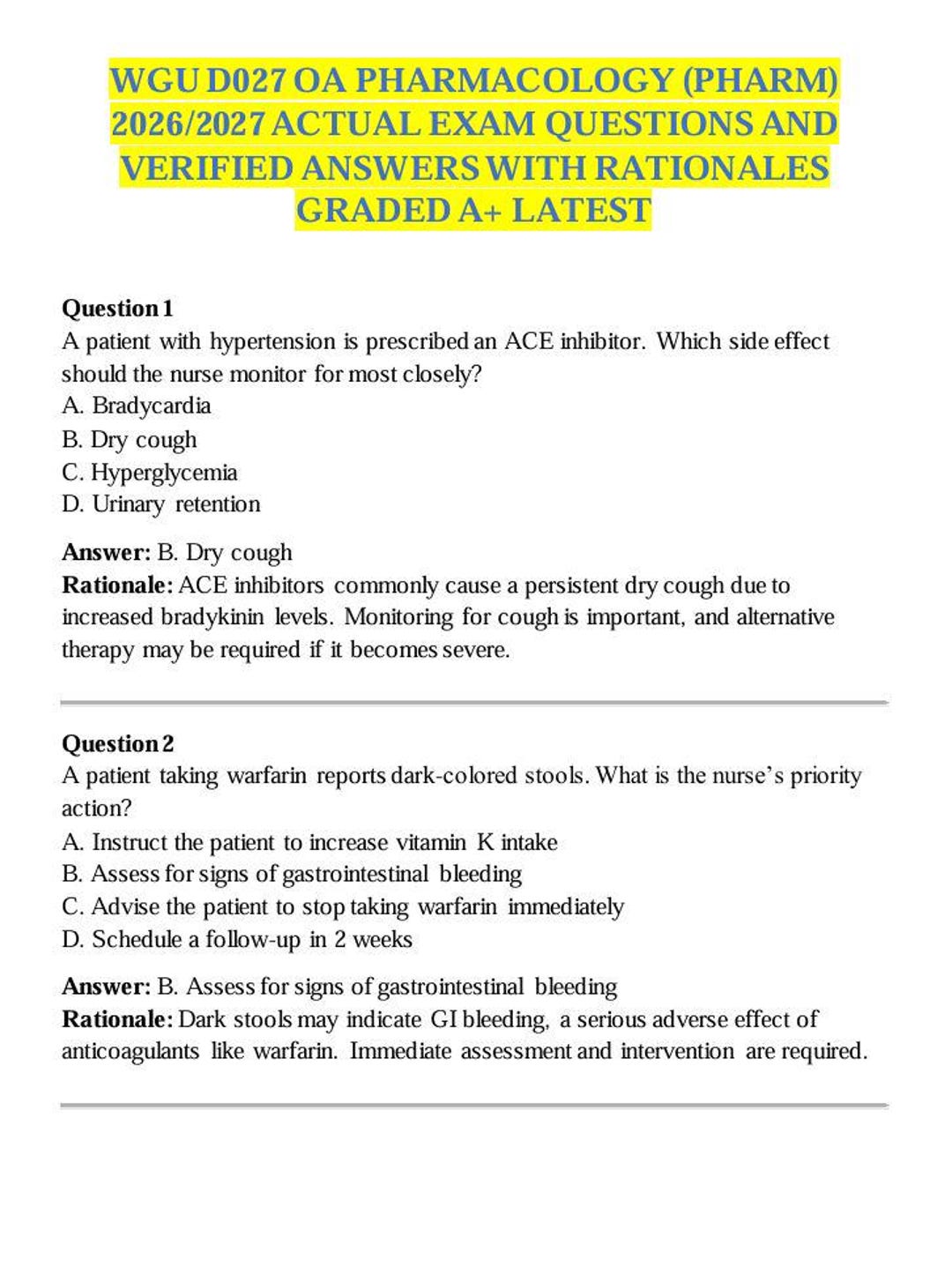 WGU D027 OA PHARMACOLOGY (pharm)2026-2027 Actual Exam Questions and ...