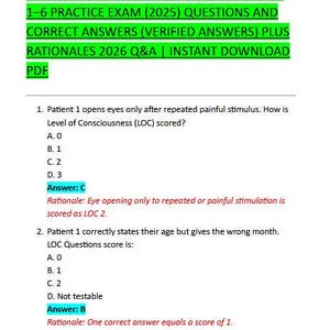 Op de afbeelding: Een wit document met groene tekst bovenaan, met "APEX NIH STROKE SCALE - GROUP A PATIENTS" en "1-6 PRACTICE EXAM (2025) QUESTIONS AND CORRECT ANSWERS". Het document bevat vragen en antwoorden over de NIH Stroke Scale.
