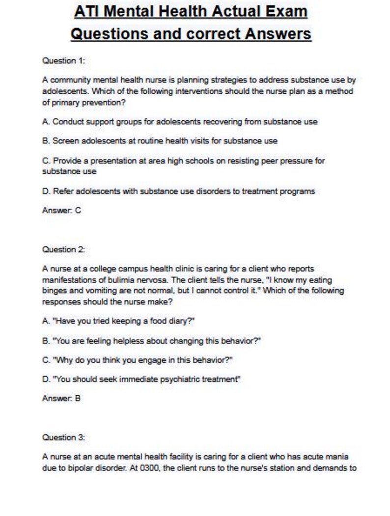 ATI Mental Health Actual Exam Questions and Correct Answers - Etsy Canada