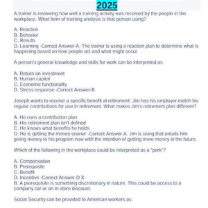 Może przedstawiać: Dokument zatytułowany "SHRM-CP Practice Exam Questions With Correct Answers 2025". Zawiera pytania wielokrotnego wyboru i odpowiedzi dotyczące zasobów ludzkich i praktyk w miejscu pracy.