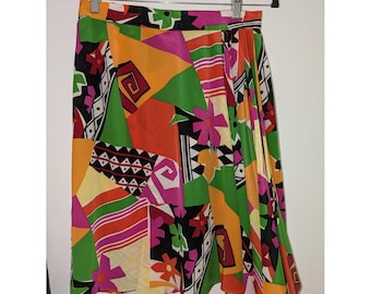 Vintage 80's 100% Silk Colorful Skirt Size  10 Pink Orange Artsy Maximalist Vtg