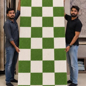 May include: A rectangular area rug featuring a repeating checkerboard pattern of alternating bright green and off-white squares. The rug has a dense, textured pile surface and is displayed in a vertical orientation, showcasing a consistent grid design.