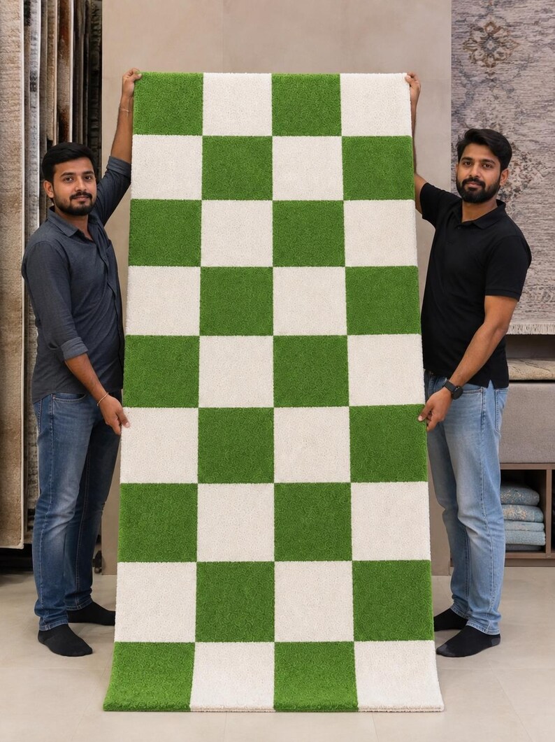 May include: A rectangular area rug featuring a repeating checkerboard pattern of alternating bright green and off-white squares. The rug has a dense, textured pile surface and is displayed in a vertical orientation, showcasing a consistent grid design.