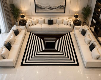 Tappeto geometrico bianco e nero, tappeto moderno astratto, tappeto in lana trapuntato a mano, tappeto contemporaneo per soggiorno, arredamento minimalista per la casa.