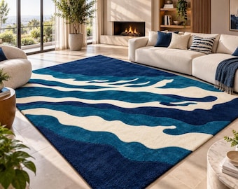 Tappeto astratto blu a onde, tappeto moderno con motivo oceano, tappeto ondulato blu navy, verde acqua e crema, tappeto contemporaneo per soggiorno, decorazione per la casa fatta a mano