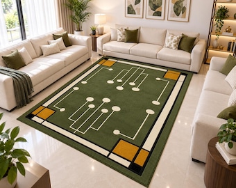 Tappeto moderno geometrico, tappeto verde oliva crema senape, tappeto contemporaneo per soggiorno, tappeto astratto di design, tappeto trapuntato a mano