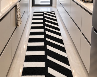 Tappeto passatoia bianco e nero con motivo a tasti di pianoforte, tappeto moderno geometrico per cucina, tappeto per amanti della musica, tappeto contemporaneo per corridoio, tappeto lungo e stretto per pavimento