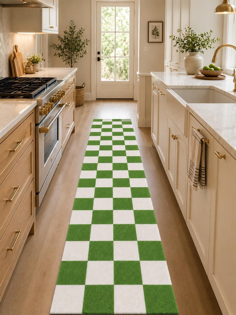 May include: A long, rectangular runner rug featuring a repeating checkered pattern of alternating grass green and white squares. The rug is positioned centrally on a wooden floor, extending lengthwise through the middle of a kitchen space.