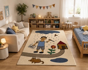 Tappeto per cameretta, tappeto per asilo nido, tappeto per sala giochi, tappeto educativo con alfabeto, tappeto in lana trapuntato a mano, tappeto per camera da letto dei bambini, decorazione per pavimenti per bambini