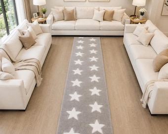Tappeto passatoia grigio con stelle, tappeto bianco con stelle, tappeto passatoia moderno, tappeto per la camera dei bambini, tappeto per la cameretta, tappeto per il corridoio della camera da letto, tappeto lungo