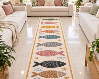 Hand Tufted Fish Runner Rug, Coastal Nautical Rug, Ocean Fish Area Rug, Beach House Decor, Sea Life Rug, Kids Room Runner