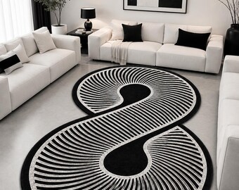 Tappeto astratto nero avorio, tappeto geometrico moderno, tappeto contemporaneo per soggiorno, lussuoso tappeto in lana fatto a mano, elemento d'arredo di grande impatto.