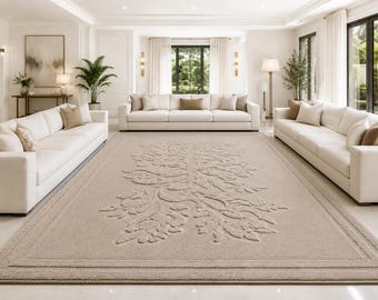 Tappeto in lana trapuntato a mano, tappeto floreale beige, tappeto con albero della vita, tappeto neutro di lusso, arredamento tradizionale per soggiorno e camera da letto.