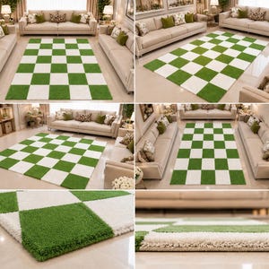 May include: A rectangular area rug featuring a repeating checkerboard pattern of alternating grass green and off-white squares. The rug has a thick, plush, high-pile texture and is displayed in various living room settings to show its scale.