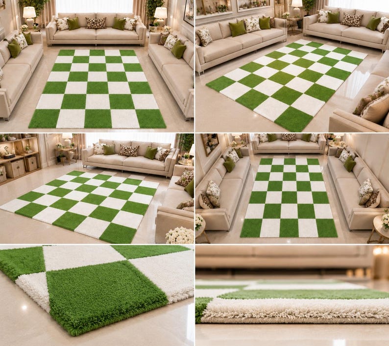 May include: A rectangular area rug featuring a repeating checkerboard pattern of alternating grass green and off-white squares. The rug has a thick, plush, high-pile texture and is displayed in various living room settings to show its scale.