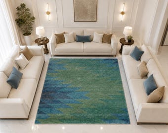 Tappeto astratto blu e verde, moderno tappeto in lana trapuntato a mano, tappeto contemporaneo per soggiorno, tappeto di design, grande tappeto di grande impatto.