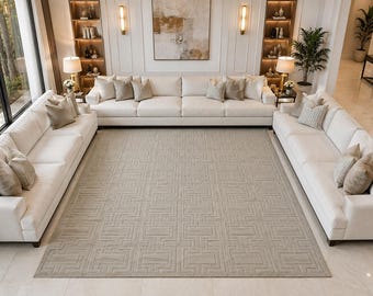 Tappeto geometrico di lusso, tappeto testurizzato color crema neutro, tappeto moderno per soggiorno, tappeto minimalista fatto a mano, arredamento contemporaneo per la casa.