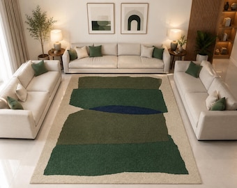 Tappeto moderno astratto verde, tappeto verde oliva foresta, tappeto geometrico blu navy, tappeto contemporaneo per soggiorno, tappeto in lana fatto a mano